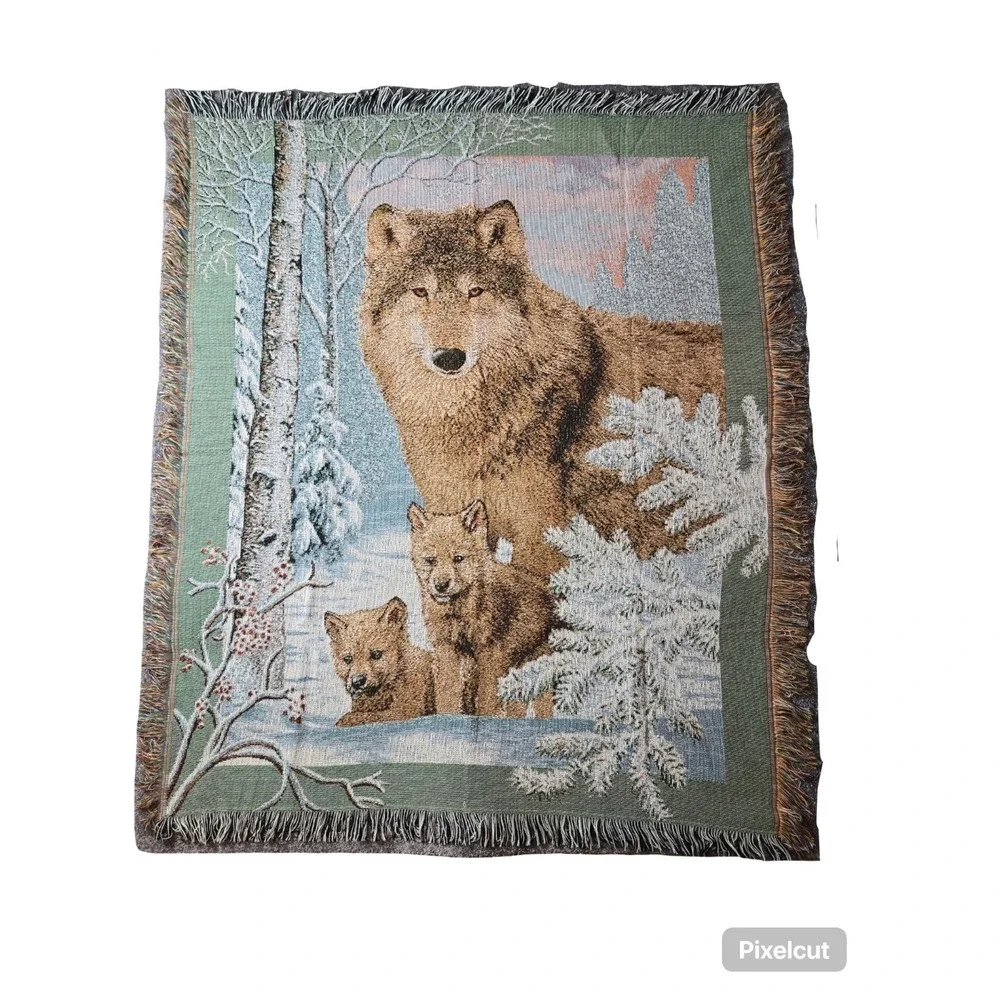 Vtg Wolves Pups Winter Scene Woven Tapestry Throw Blanket Approx 45x56